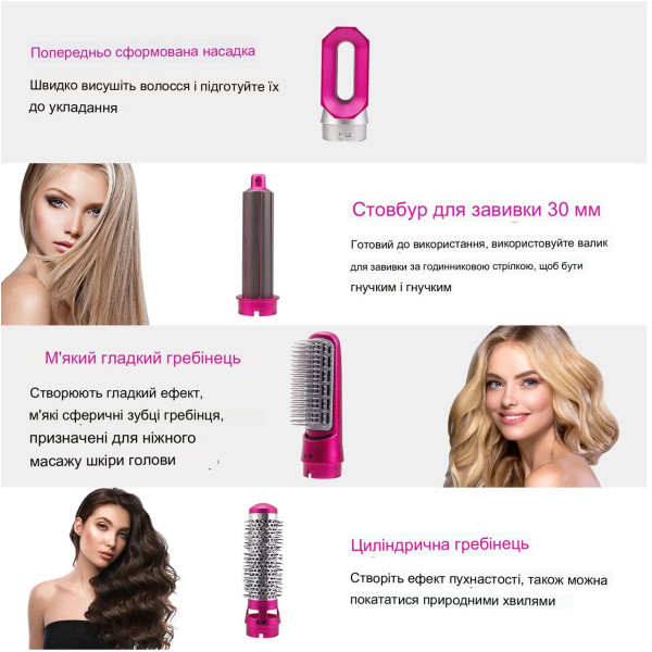 Стайлер для волос 5в1 Hot Air Styler с насадками, воздушный фен-щетка для сушки и укладки волос с чехлом