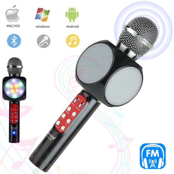 Мікрофон караоке WSTER WS-1816 — бездротовий Bluetooth-мікрофон зі cвітмузикою слотом USB і FM тюнером
