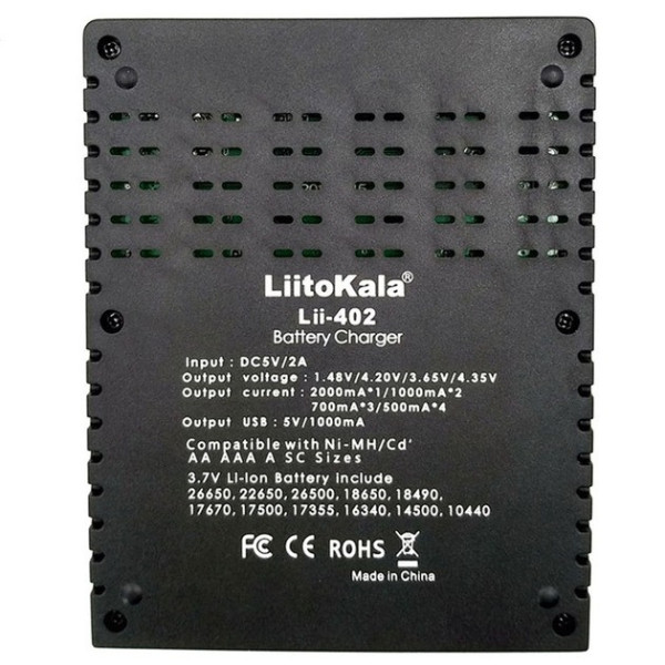 Універсальний зарядний пристрій LiitoKala Lii-402 для 18650, Ni-MH/Cd + PowerBank, AA, AAA Li-Ion, LiFePO4