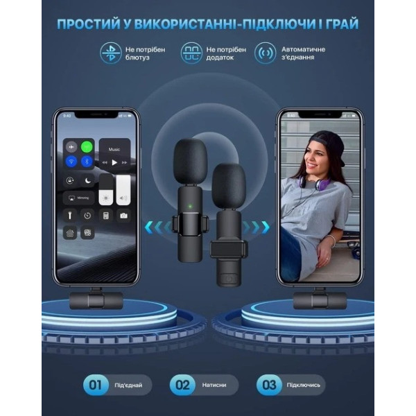 Комплект петличных микрофоном K9+  Wireless Lavalier Microphone с переходниками Lightning Type-C Черный