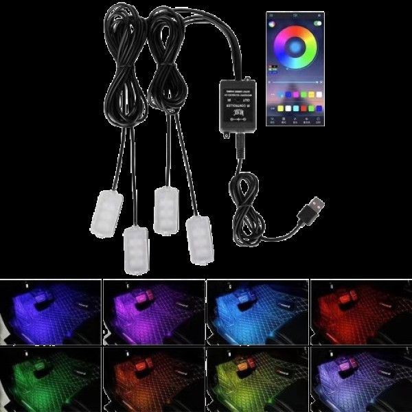 Світлодіодна підсвітка салону авто RGB-підсвітка ніг в авто 4 шт., USB Bluetooth-застосунок APP