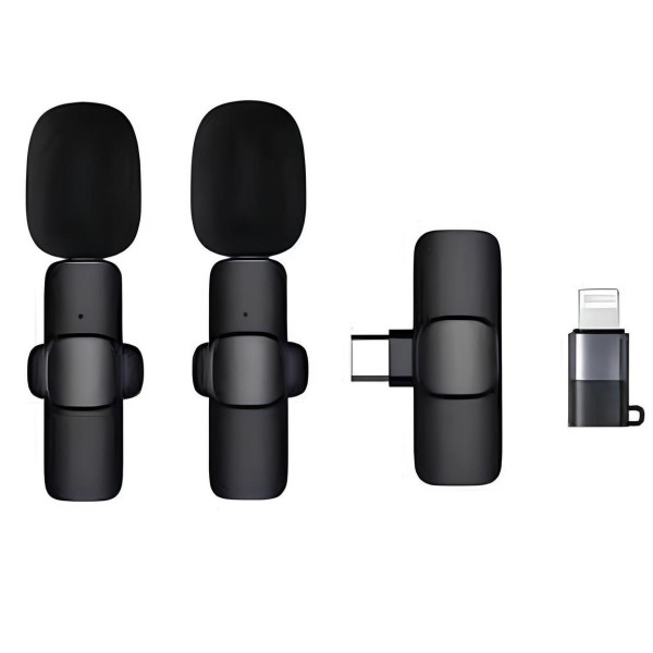 Комплект петличных микрофоном K9+  Wireless Lavalier Microphone с переходниками Lightning Type-C Черный
