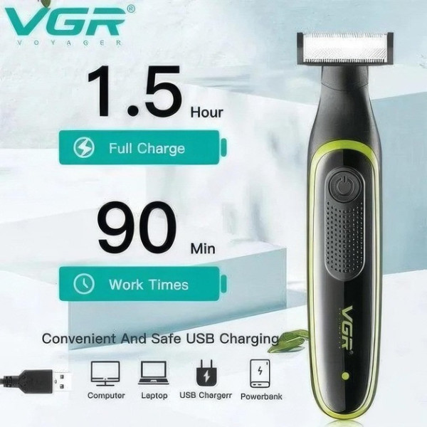 Аккумуляторный триммер для бороды и усов VGR V-017 3 насадки IPX5 / Электробритва для лица