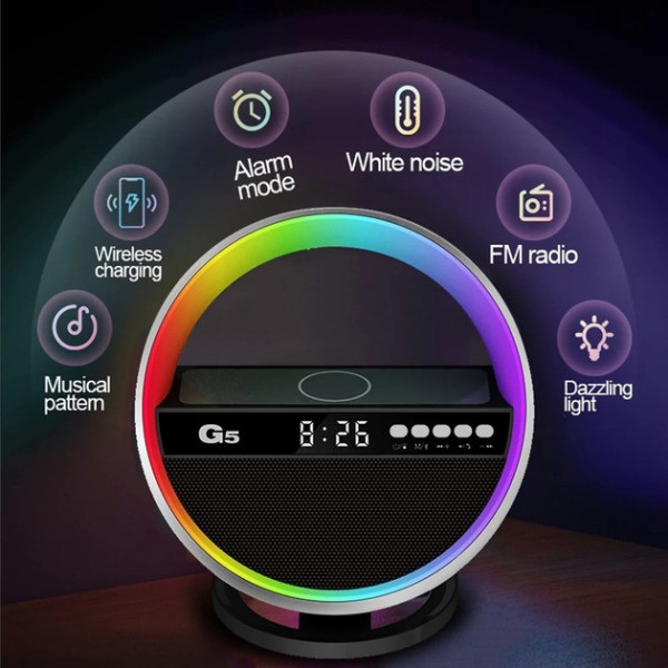 Аккумуляторный ночник-Bluetooth колонка с часами, быстрой зарядкой и RGB подсветкой G5 Ночник-колонка