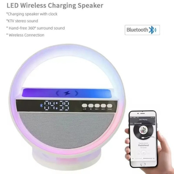 Аккумуляторный ночник-Bluetooth колонка с часами, быстрой зарядкой и RGB подсветкой G5 Ночник-колонка