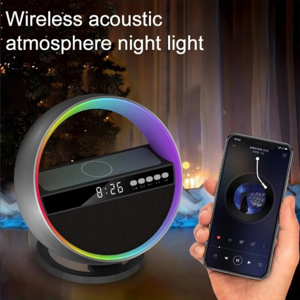 Аккумуляторный ночник-Bluetooth колонка с часами, быстрой зарядкой и RGB подсветкой G5 Ночник-колонка