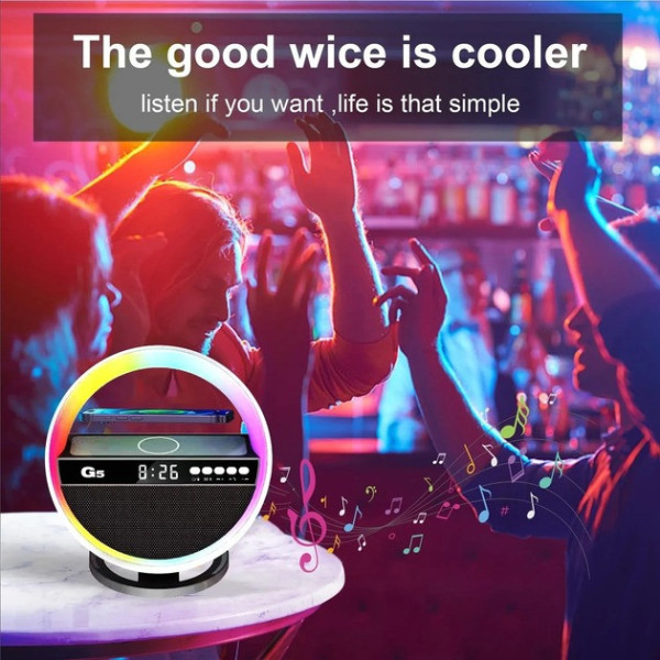 Аккумуляторный ночник-Bluetooth колонка с часами, быстрой зарядкой и RGB подсветкой G5 Ночник-колонка