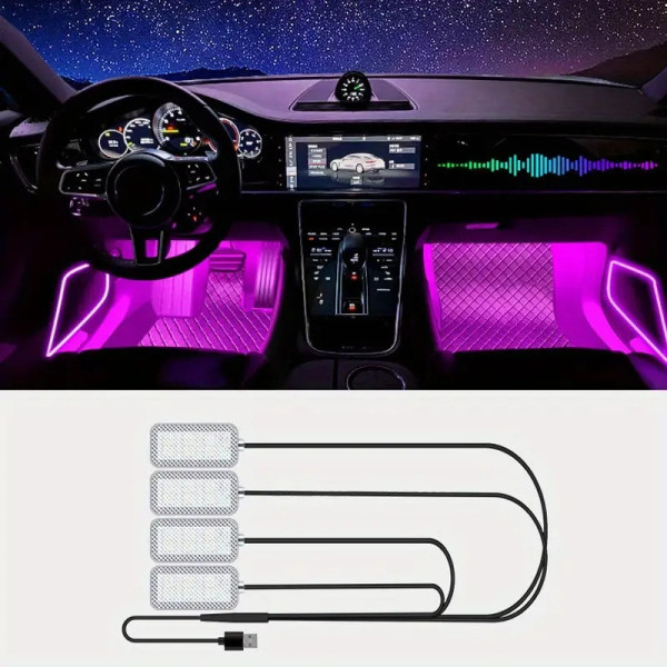 Світлодіодна підсвітка салону авто RGB-підсвітка ніг в авто 4 шт., USB Bluetooth-застосунок APP