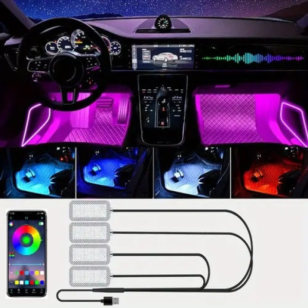 Світлодіодна підсвітка салону авто RGB-підсвітка ніг в авто 4 шт., USB Bluetooth-застосунок APP