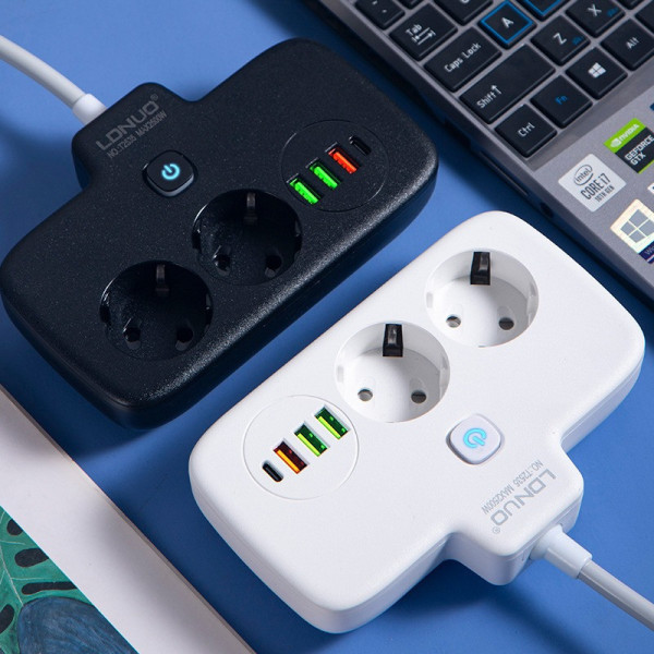 Сетевой фильтр-удлинитель LDNIO SE2435 QC3.0 PD 20Вт 2 розетки EU 4 USB защита от перегрева
