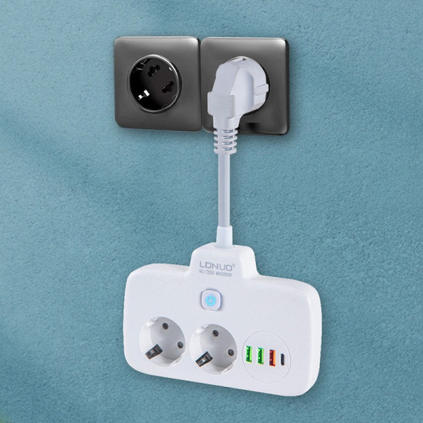 Сетевой фильтр-удлинитель LDNIO SE2435 QC3.0 PD 20Вт 2 розетки EU 4 USB защита от перегрева