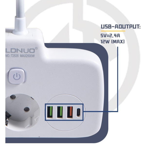 Сетевой фильтр-удлинитель LDNIO SE2435 QC3.0 PD 20Вт 2 розетки EU 4 USB защита от перегрева