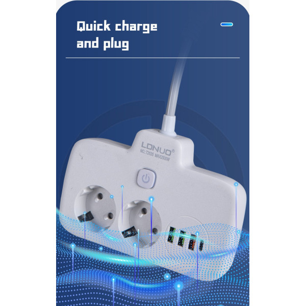 Сетевой фильтр-удлинитель LDNIO SE2435 QC3.0 PD 20Вт 2 розетки EU 4 USB защита от перегрева