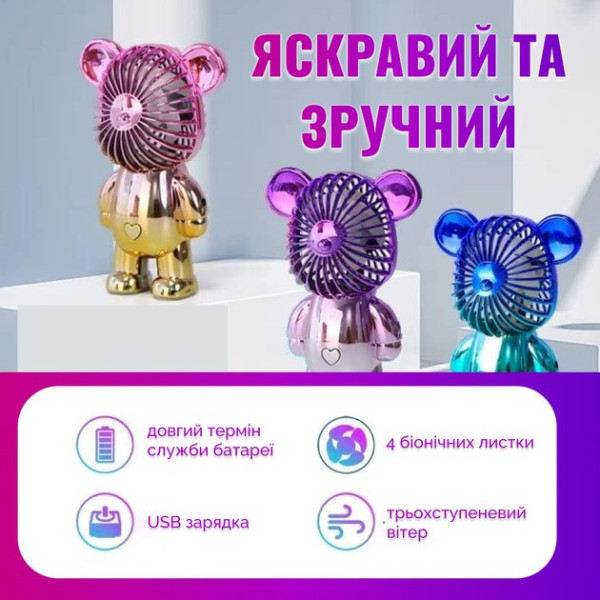 Детский мини вентилятор в форме медведя USB портативный бесшумный 2в1 аккумуляторный