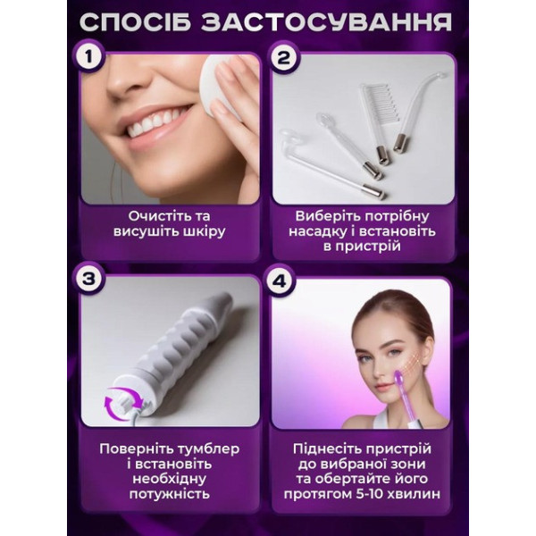 Компактний дарсонваль для обличчя та волосся з 4 насадками для домашнього використання