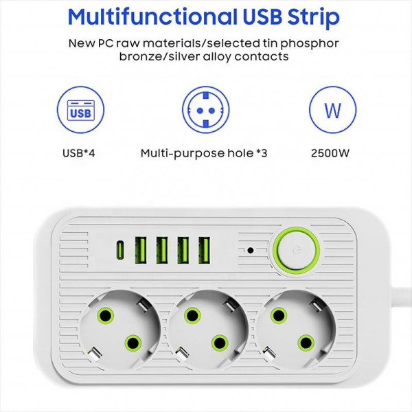 Универсальный сетевой фильтр Power Socket F09U с 3 розетками и 4 USB-портами, включая Type-C, длина 2 м