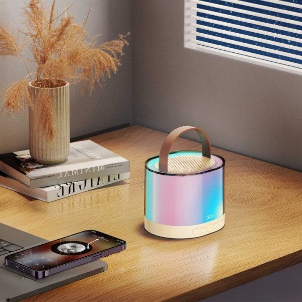 Бежевая Bluetooth колонка K52 для караоке, с RGB подсветкой