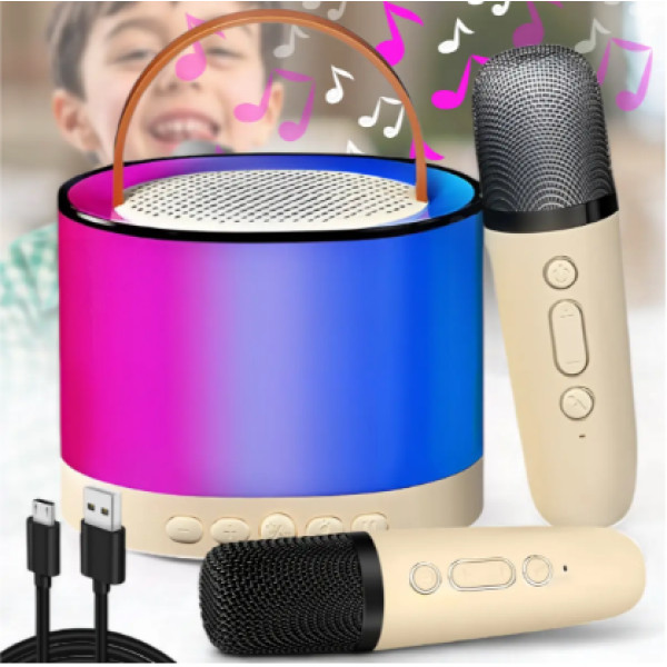 Бежевая Bluetooth колонка K52 для караоке, с RGB подсветкой
