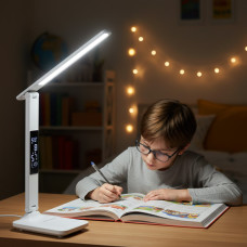 LED настільна лампа з акумулятором, годинником та термометром 868S White
