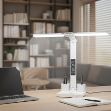 LED настільна лампа з акумулятором, термометром, годинником та органайзером 877