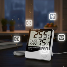 Домашняя цифровая метеостанция HTC-2 с датчиком на температуру часы, будильник гигрометр и термометр белый