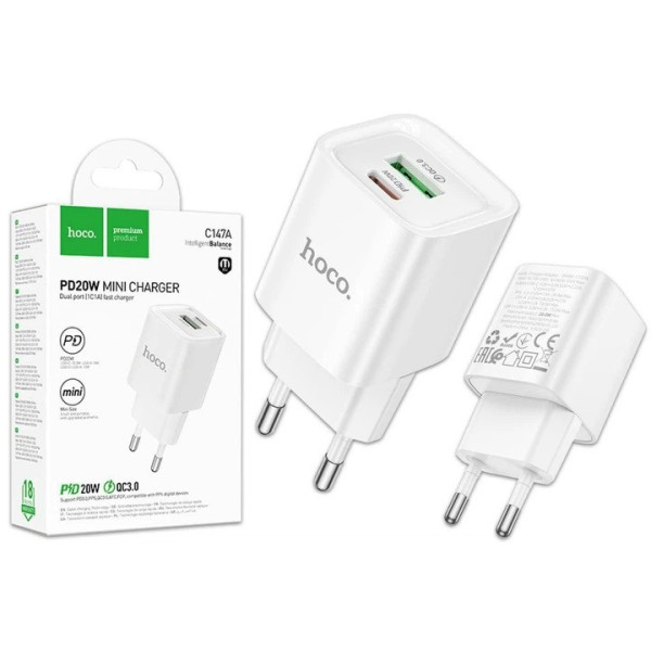 Зарядное устройство HOCO C147A 2 порта USB + Type-C быстрая зарядка