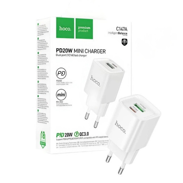 Зарядное устройство HOCO C147A 2 порта USB + Type-C быстрая зарядка