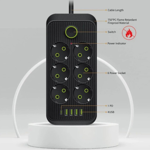 Разветвитель розеток F06U с USB Type-C удлинитель питания 2 метра