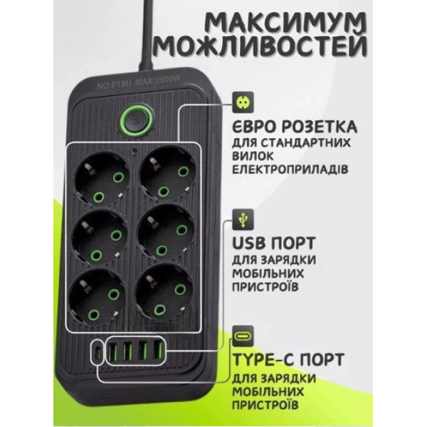 Разветвитель розеток F06U с USB Type-C удлинитель питания 2 метра