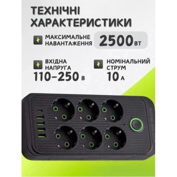 Разветвитель розеток F06U с USB Type-C удлинитель питания 2 метра