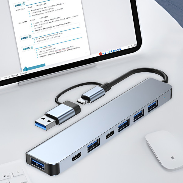 Разветвитель USB Type-C 7в1 хаб мультипортовый для ноутбука серый