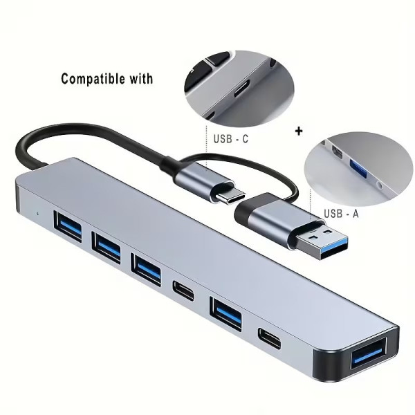Разветвитель USB Type-C 7в1 хаб мультипортовый для ноутбука серый