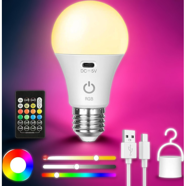 LED лампа E27 A65 аккумуляторная RGB с пультом и встроенным аккумулятором