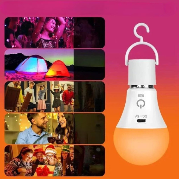 LED лампа E27 A65 аккумуляторная RGB с пультом и встроенным аккумулятором