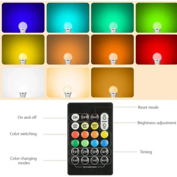 LED лампа E27 A65 аккумуляторная RGB с пультом и встроенным аккумулятором