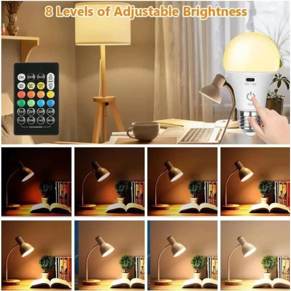LED лампа E27 A65 аккумуляторная RGB с пультом и встроенным аккумулятором