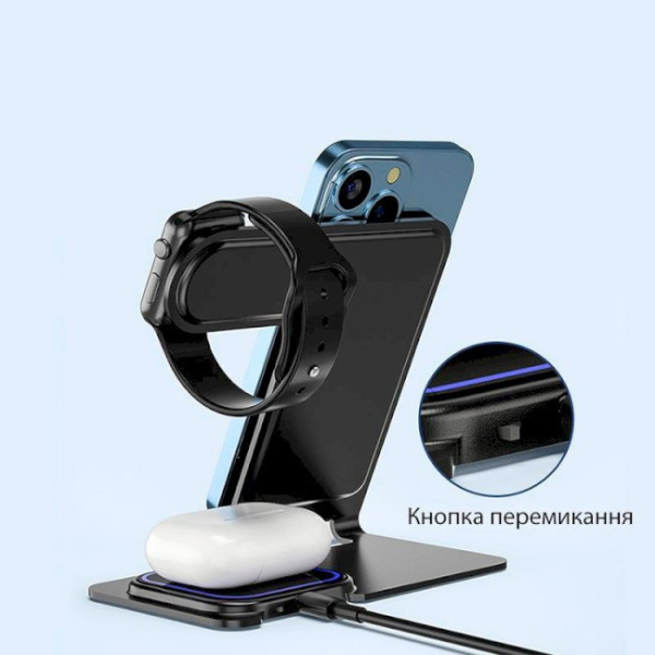 Станція зарядна 3в1 Proda PD-W19, бездротова зарядка для телефона та годинника з підставкою