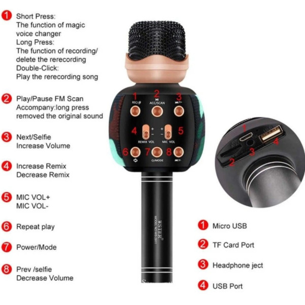 Бездротовий мікрофон Wster WS-2911 для караоке з колонкою Bluetooth і функцією зміни голосу