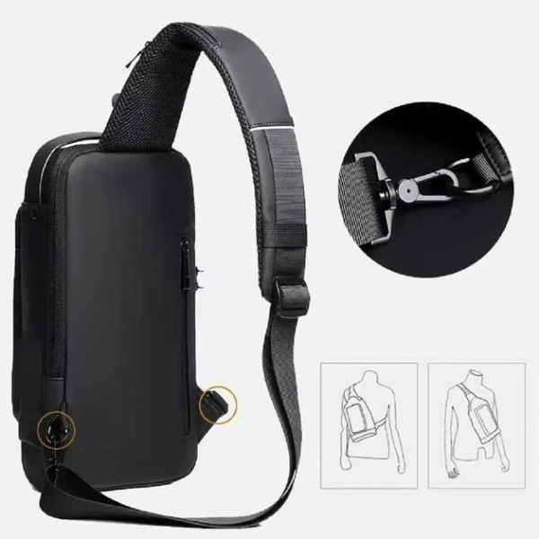 Мужская нагрудная сумка XL-1514 через плечо компактная с USB зарядкой кодовый замок Oxford влагостойкая 24 × 14 × 1