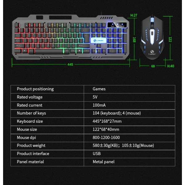 Игровой комплект клавиатура и мышь T25 USB RGB проводной подсветка металл основание подставка смартфон черный