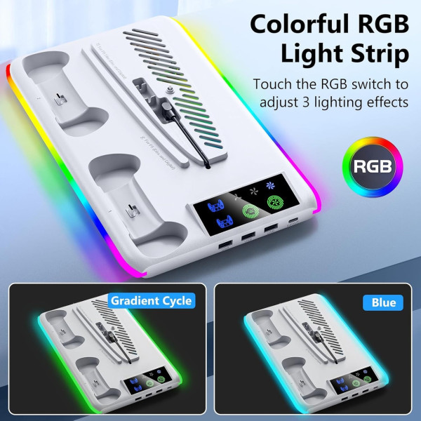 Подставка PS5 охлаждающая с зарядкой 2 контроллеров RGB вентилятор 3 USB порта держатель для консоли и геймпадов и аксессуаров