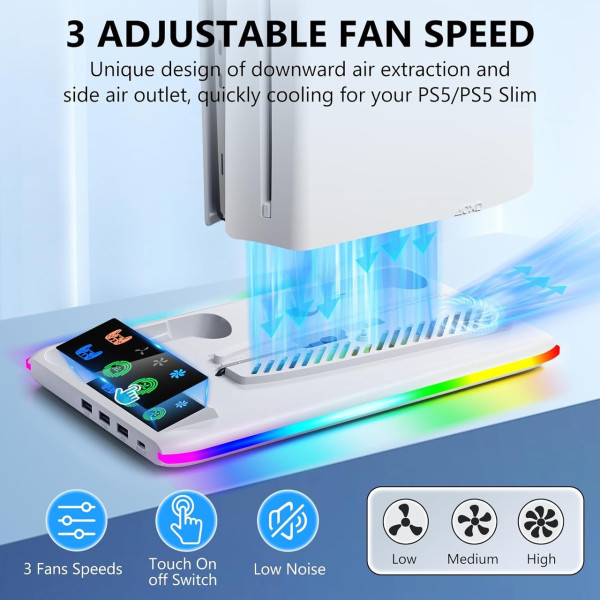 Подставка PS5 охлаждающая с зарядкой 2 контроллеров RGB вентилятор 3 USB порта держатель для консоли и геймпадов и аксессуаров