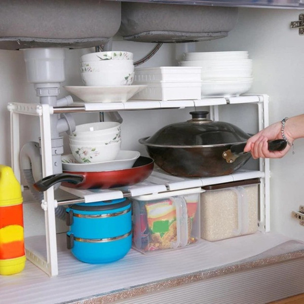 Полка-органайзер Kitchen Rack 38–70 см, регулируемый стеллаж для хранения под раковину на кухне, белый