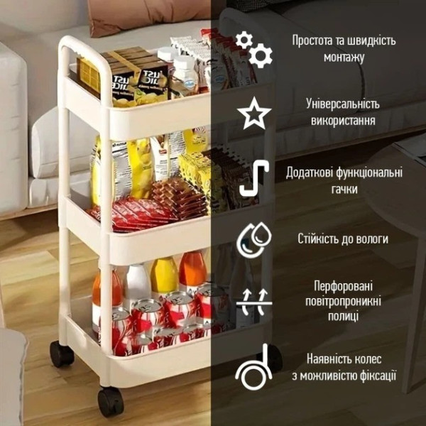 Пластиковая этажерка Kitchen Storage Rack на колесах 3 яруса для хранения в кухне ванной и офисе 41×25×72 см