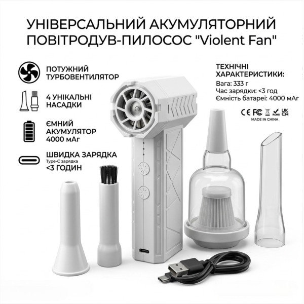 Повітродувка Jet Fan турбоакумуляторна для очищення техніки й авто біла