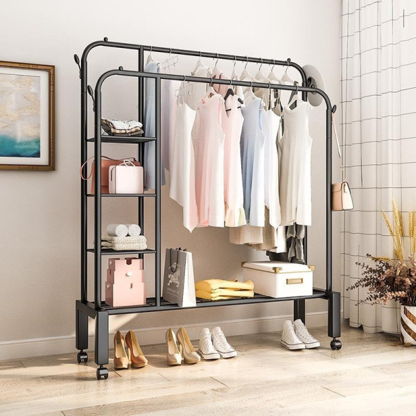 Стойка для одежды Multipurpose Hanger металлическая двойная с полками напольная черная