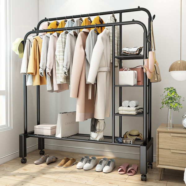 Стойка для одежды Multipurpose Hanger металлическая двойная с полками напольная черная
