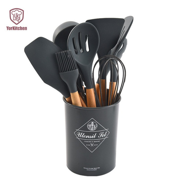 Силиконовый кухонный набор Kitchen Set 12 предметов с деревянными ручками для приготовления пищи