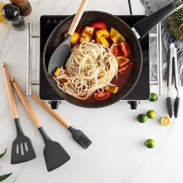 Силиконовый кухонный набор Kitchen Set 12 предметов с деревянными ручками для приготовления пищи