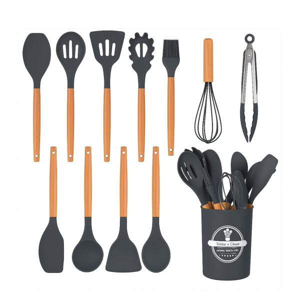 Силиконовый кухонный набор Kitchen Set 12 предметов с деревянными ручками для приготовления пищи